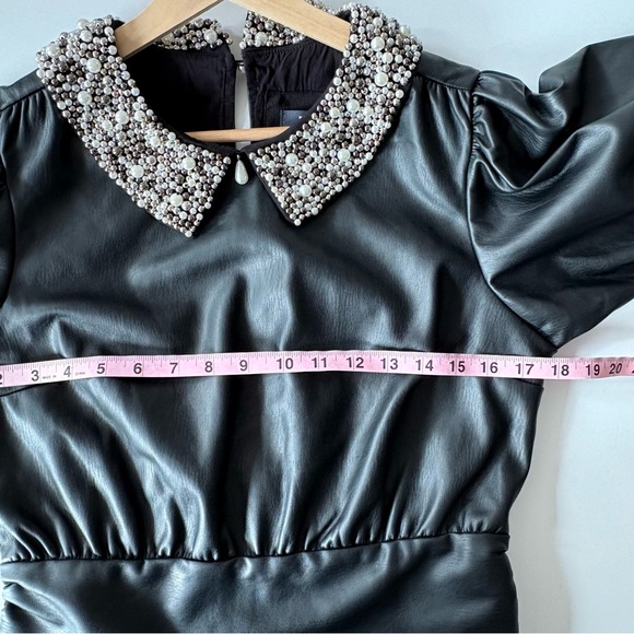 Anthropologie || Faux Leather Puff-Sleeve Blouse Pearls Black Small NWT - Picture 5 of 9